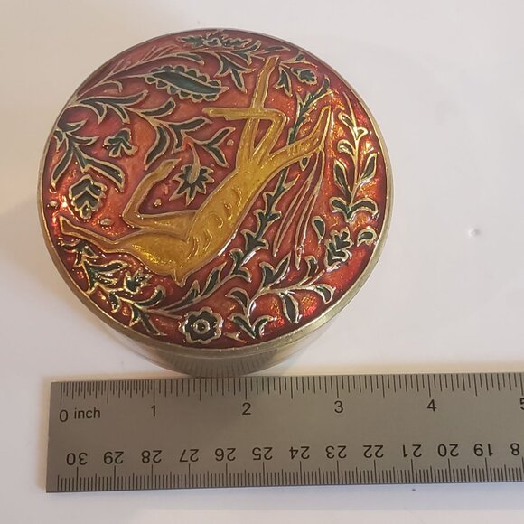 Vintage Enamel Jewelry Trinket Box Round Brass Top Cloisonne Deer Design - Picture 9 of 10